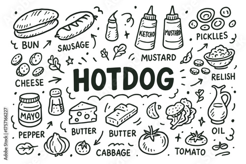 Hotdog ingredients doodle: buns, sausage, ketchup, mustard, relish, more