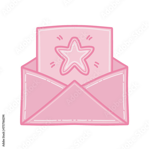Hand drawn illustration of an open pink envelope with a star decorated letter inside vector illustration. Greeting card icon