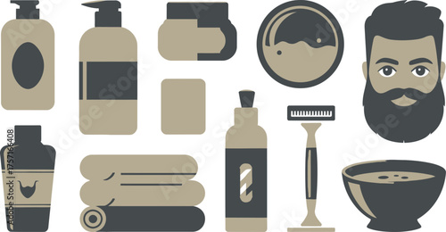 Minimalist Man's Grooming Set Lotion, Razor, Soap, Towels, and Bearded Face Illustration on White