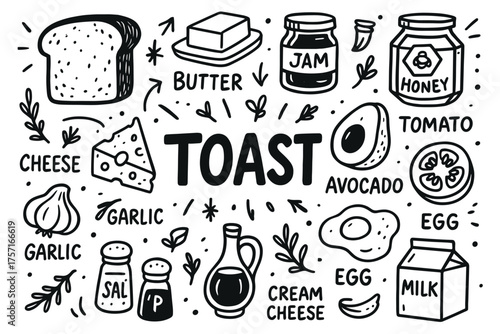 Illustrated breakfast ingredients with toast, butter, and jam