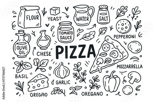 Pizza ingredients and preparation: cheese, pepperoni, basil, garlic, and oregano