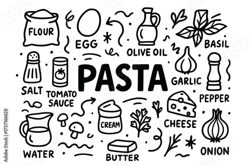 Pasta ingredients: flour, egg, olive oil, herbs, and spices doodle illustration