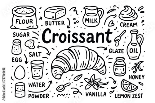 Hand-drawn croissant ingredients illustration with milk, butter, flour, sugar, and eggs