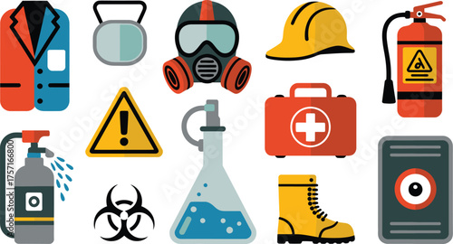 Occupational Safety and Health Equipment Protective Gear, First Aid, Chemical Handling, and Hazard Symbols Illustration