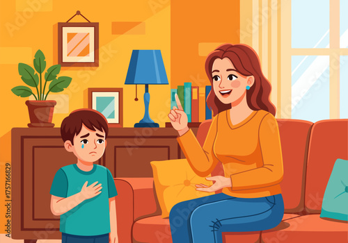 A mother comforting her sad son, teaching him a lesson about life and family values in a warm, indoor setting
