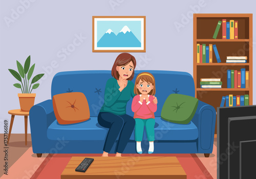 Mother and daughter watching a scary movie together, showing fear and suspense on their faces, a moment of shared family experience