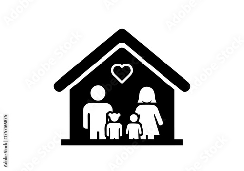 Icon representing a family of four, including parents and two children, within a house symbol with a heart, symbolizing love and home