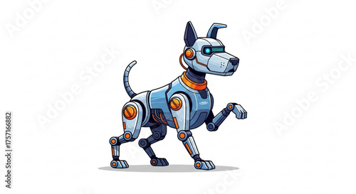 Futuristic robot dog in a sleek light blue and orange design with glowing eyes, standing alert on a white background, representing advanced ai technology and companionship