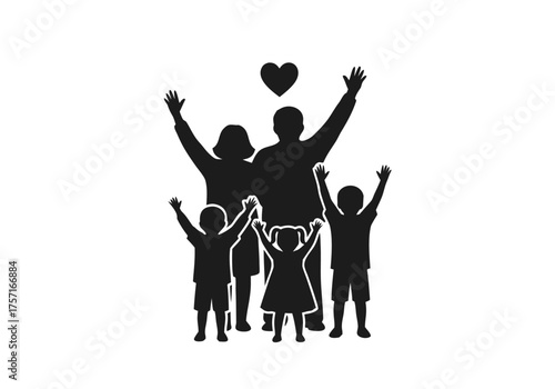 A black and white silhouette of a joyful family with raised hands and a heart overhead, symbolizing love and togetherness