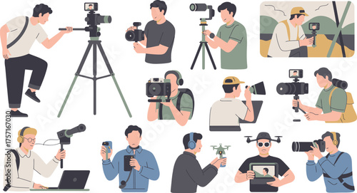 People Using Cameras, Smartphones, Drone, Laptop and Video Equipment for Photography and Video Production