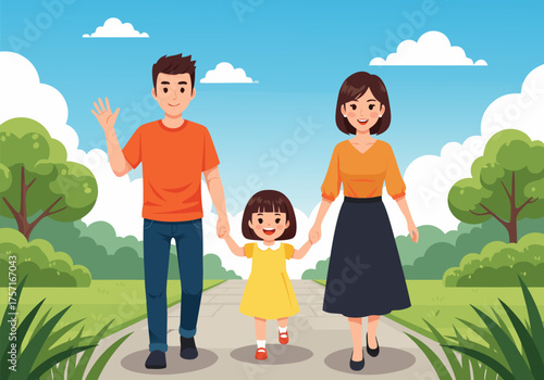 A happy family walking together on a paved path through a park on a sunny day, enjoying quality time outdoors
