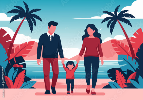 Happy family walking on a tropical beach vacation, enjoying leisure time together by the ocean during sunset
