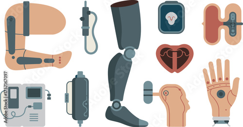Prosthetic Limbs, Cybernetics, and Artificial Organs Detailed Illustration of Biomedical Technology and Implants