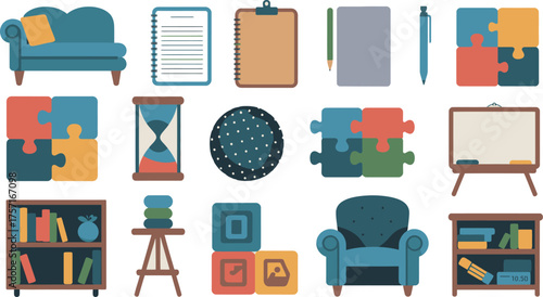 Playroom or Living Room Featuring Furniture, Toys, School Supplies, and Study Items
