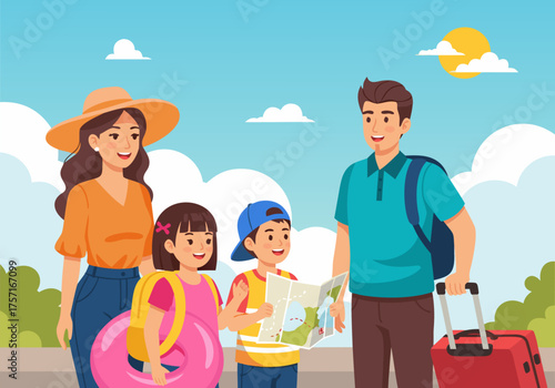 A happy family enjoying a sunny day on vacation with a map and luggage, ready for adventure and exploration