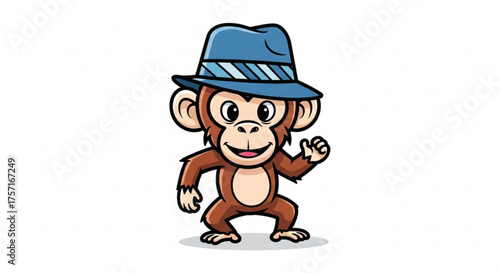 Cartoon monkey character in a stylish blue fedora hat, smiling and waving cheerfully, a fun and friendly vector illustration for kids and playful designs.
