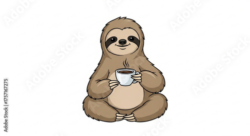 Cartoon happy sloth drinking coffee sitting on white background. cute brown animal character enjoying hot beverage, isolated illustration