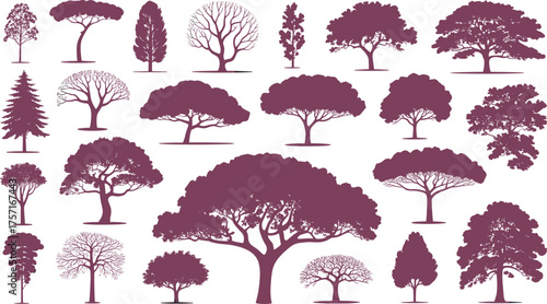 Collection of diverse tree silhouettes in various shapes and styles, botanical illustration set for nature design,