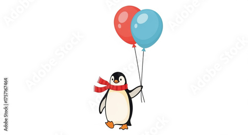 Cute cartoon penguin illustration wearing a warm red scarf and cheerfully holding vibrant red and blue balloons, symbolizing celebration, joy, and festive seasons.