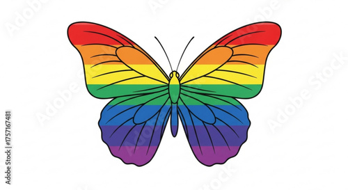 Vibrant cartoon rainbow butterfly illustration, symbolizing diversity, freedom, and inclusivity, a vector graphic isolated on a white background, representing pride.
