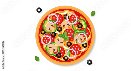 Flat design illustration of a pizza with pepperoni, mushrooms, green peppers, red onions, and olives. great for italian menus, fast food, and culinary design.