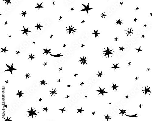Seamless pattern of hand drawn black stars isolated on transparent background. Simple doodle of a starry night sky. Vector Star Pattern 
