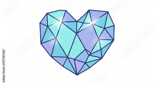 Geometric heart made of multifaceted crystals in blue and purple. a sparkling, precious gemstone-like design representing love, purity, and romance with a modern touch.