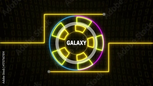Futuristic neon yellow HUD circle with glowing galaxy text over a digital matrix-style background, creating a high-tech, sci-fi visual effect.