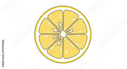 Bright yellow lemon slice with visible segments and seeds, a vibrant citrus fruit cross-section, perfect for healthy eating, drink, or fresh recipe designs