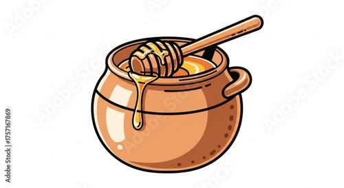 Sweet golden liquid honey dripping from a wooden dipper into a traditional ceramic pot, stylized cartoon illustration on a clean background, natural food