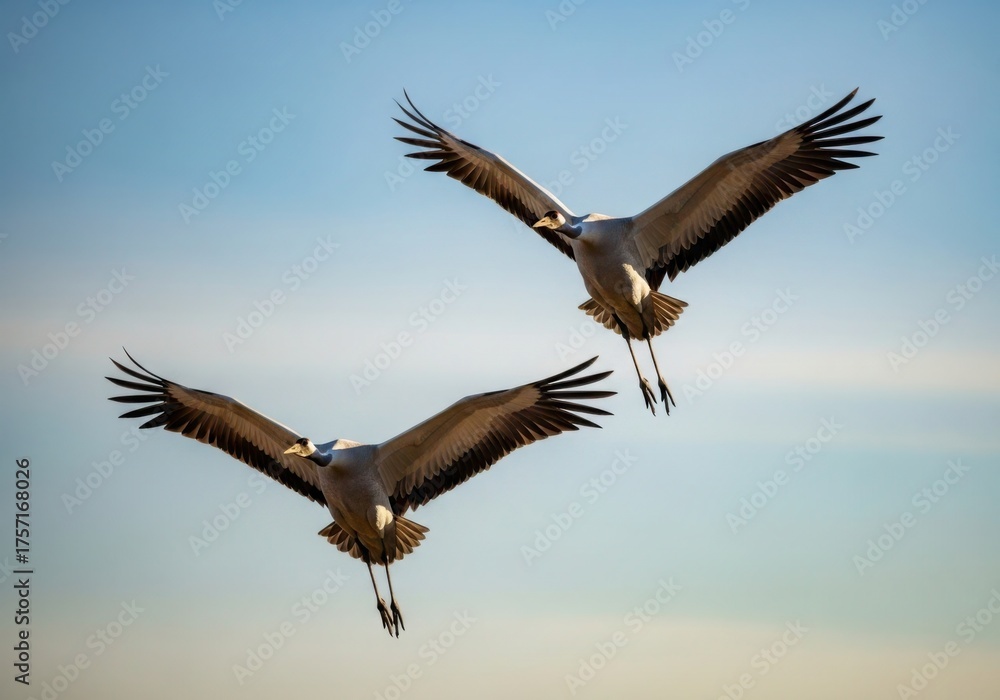 Fototapeta premium Two majestic sandhill cranes soaring gracefully against a soft blue sky