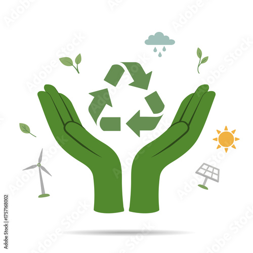 Green hands holding a recycle symbol surrounded by eco icons, solar panel, wind turbine, sun, and leaves, representing sustainability, renewable energy, and environmental protection concept. vecto
