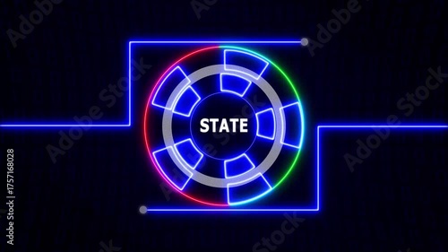 Futuristic blue green HUD circle with glowing state text over a digital matrix-style background, creating a high-tech, sci-fi visual effect.