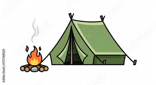Camping tent and a cozy campfire with smoke rising, symbolizing outdoor adventure, relaxation, nature exploration, and a simple getaway vacation.