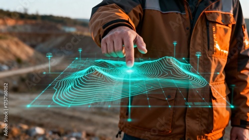 Innovative industrial technology with a surveyor analyzing a holographic 3D topographical map for geological resource management in a quarry