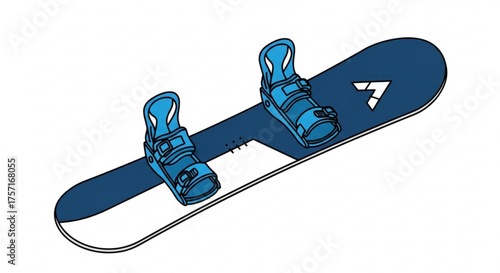 Blue and white snowboard with attached blue bindings, illustrated in a clean, graphic style, ready for winter sports activities and snow adventures.