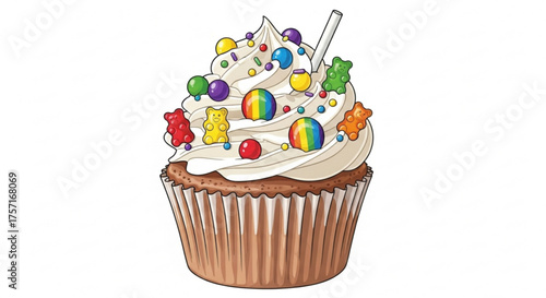 Colorful cartoon cupcake with creamy white frosting, adorned with a playful assortment of gummy bears, vibrant rainbow candies, and sprinkles, perfect for sweet celebrations and joyful treats
