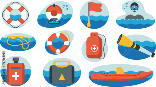 Stylized Lifeguard Safety Equipment Icon Set Featuring Buoys, Diving Mask, and Rescue Boat Illustration