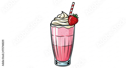 Delicious strawberry milkshake with creamy whipped topping, a vibrant red strawberry garnish, and a classic striped straw in a tall glass, refreshing dessert.