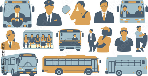 Stylized Transportation Graphics Buses and People Icons in TwoTone Blue and Orange Color Palette