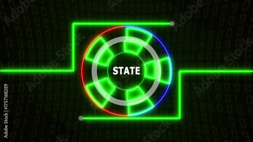 Futuristic neon green HUD circle with glowing state text over a digital matrix-style background, creating a high-tech, sci-fi visual effect.