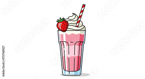 Strawberry milkshake vector illustration. sweet dairy drink with whipped cream, a whole strawberry fruit, and a striped straw, isolated on white.