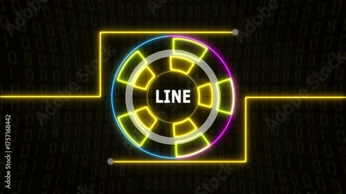 Futuristic neon yellow HUD circle with glowing line text over a digital matrix-style background, creating a high-tech, sci-fi visual effect.