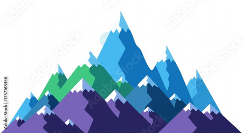 Abstract vector landscape with colorful geometric mountain peaks, snow-capped summits, and a subtle sun, portraying nature's majesty in a modern flat design style