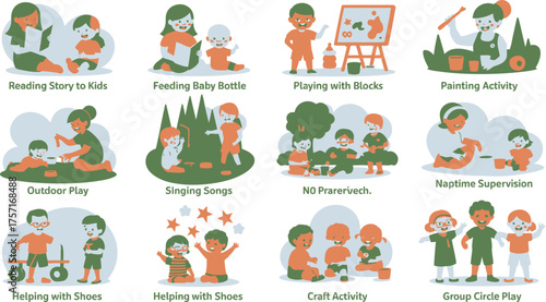 TwoTone Illustrations Depicting Preschool Activities Including Reading, Playing, Singing, Crafts, Painting, and Helping with Shoes