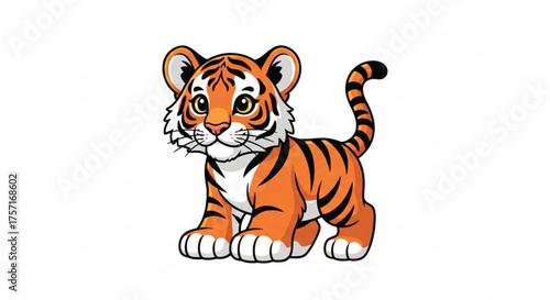 Adorable cartoon tiger cub standing illustration, perfect for children's books, educational materials, playful animal themes, and year of the tiger designs.