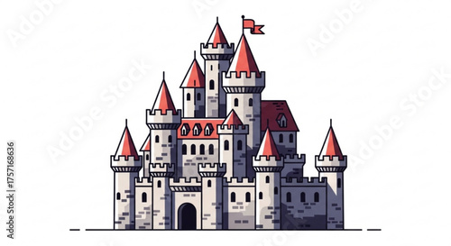 Stylized medieval castle illustration with multiple towers, pointed red roofs, battlements, and a flag, evoking fantasy and history on a clean background.
