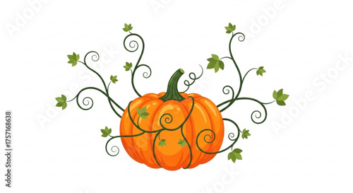 Vibrant orange pumpkin illustration with green winding vines and fresh leaves, perfect for autumn harvest festival, thanksgiving, and halloween designs.