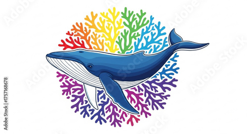Graceful blue whale swimming through a vibrant spectrum of rainbow coral branches. a captivating illustration symbolizing ocean life, conservation, and marine diversity.