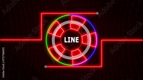 Futuristic neon red HUD circle with glowing line text over a digital matrix-style background, creating a high-tech, sci-fi visual effect.